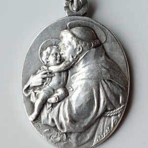 Vintage St Anthony Oval Medal with Padua Patron Saint Holding Christ Child--Vintage French Catholic Necklace Pendant Signed Karo + AP Penin