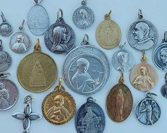 20 DAMAGED/WORN/UNSOLD Vintage Catholic Medals + Necklace Pendants--French Jewelry Destash Lot: Lourdes, Saint Bernadette, St Goretti, Cross