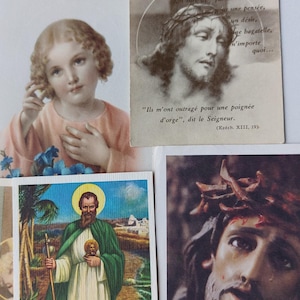 17 cartes de prière catholiques étranges ou « décalées » - éphémères en papier drôles/étranges/effrayantes - vintage Marie-enfant Jésus-adolescent kitsch religieux/saint art sacré