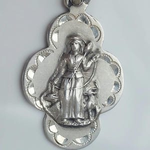 Antique St Genevieve Medal—Vintage Catholic Patron Saint of Paris, Against Disasters/Fevers Pendant—Hand-Chiseled Quatrefoil + Figural Shape