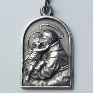 5/8&quot; Vintage 800 Silver St Anthony Medal Made in Spain—Arched/Rounded Rectangular Spanish Catholic Padua Patron Saint of Lost Items Pendant