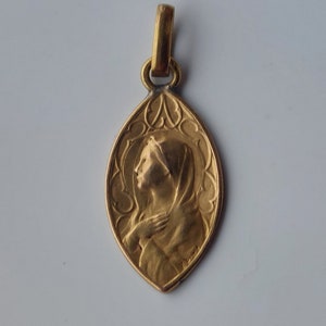 Small Brass Lourdes Pendant w Our Lady's Profile--Pointed Oval/Navette Shape Made in France--a Beautiful Catholic Art Nouveau Necklace Medal