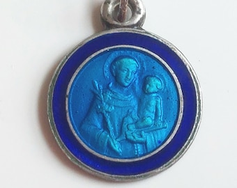 1/2" Vintage St Anthony Medal with Blue Enamel Detail—Padua Patron Saint of Lost Things w/ the Christ Child—French Catholic Pendant/Charm