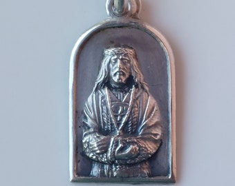 Small Silver Man of Sorrows/Varón de Dolores + Jesus Nazarene Medal: Small Arched Vintage Spanish Catholic Christ Our Lord Necklace Pendant