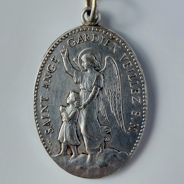 Large Vintage Guardian Angel Medal from the French Catholic Congregation des Anges Saints--Be My Guide/Veillez Sur Moi Necklace Pendant