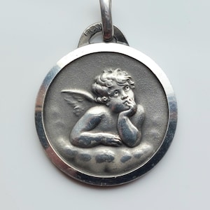 3/4&quot; 800 Silver Cherub Necklace Pendant/Catholic Faith Gift--Shiny Round Border Raphael Sistine Chapel Angel Medal Signed JB Joseph Balme