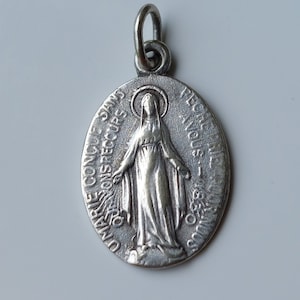 Small Vintage Miraculous Medal Oval Necklace Pendant: French Catholic Madonna/Our Lady of Graces Catherine Laboure Devotion Made in France