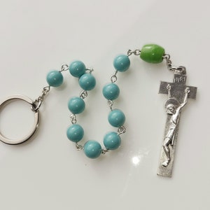 Single Decade Traffic Rosary, Turquoise Green Beads in Irish Penal Style: Silver Keychain Ring for Car/AutoCatholic Prayer Chaplet Gift image 1