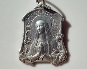 Vintage Lourdes Medal w Our Lady Praying w Rosary + St Bernadette, Grotto: Oval Necklace Pendant/Catholic Gift for Her