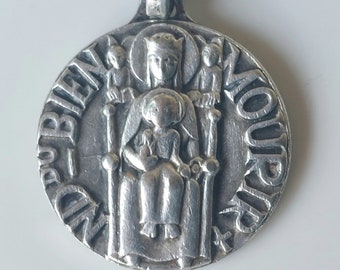 3/4" OLO Happy Death Vintage Medal: Round French Modern Catholic Fernard Py Pendant--Madonna/Virgin Mary/Our Lady/Notre Dame de Bien Mourir