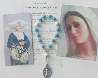 Little Chaplet of the Immaculate Conception + Prayer Cards: Handmade Turquoise + White 15-Bead John Berchmans Short Catholic Rosary Devotion