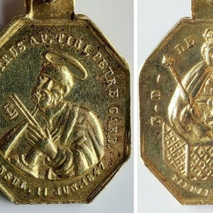 1847 Notre-Dame de la Treille Medal w Archbishop of Cambrai + Cardinal Pierre Giraud + St Peter&#39;s Key--Antique French Catholic Brass Pendant