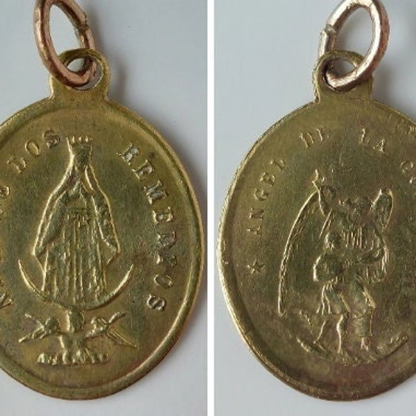 3/4" OLO Remedies + Guardian Angel Medal w Nuestra Señora/Our Lady/Virgen de los Remedios, Ángel de la guarda--Vintage Oval Spanish Crusades