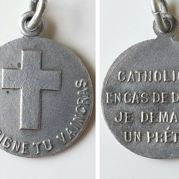 Vintage "By this Sign You Shall Conquer" Cross Medal: Constantine/In Hoc Signo Vinces/Par Ce Signe Tu Vaincras Catholic ID Necklace Pendant