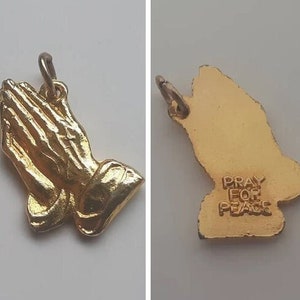 Vintage Praying Hands "Pray for Peace" Necklace Pendant--Gold-Colored Hands at Prayer Medallion/Charm w Text: Christian Faith Gift for Her