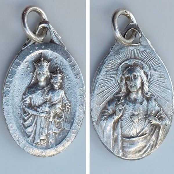 3/4" Vintage French Scapular Medal w the Sacred Heart of Jesus & Our Lady of Mount Carmel: Simon Stock Salvation Sign Oval Necklace Pendant