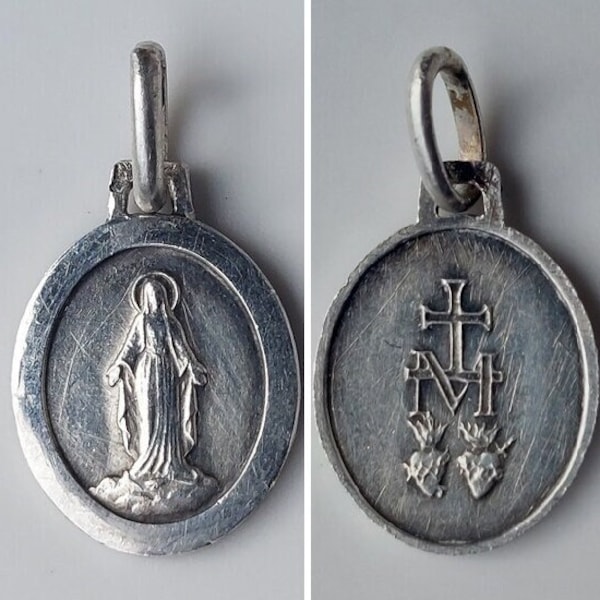 Tiny 800 Silver Miraculous Medal Oval Euro Argent Contrôlé French Catholic Necklace Pendant w Mary, Our Lady of Grace & Hallmark/Poincon