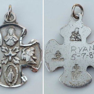 3/4" Sterling 5-Way Medal/Cross: Vintage Saints Christopher, St Anthony; Holy Spirit, Our Lady of Mount Carmel Scapular + Miraculous Pendant