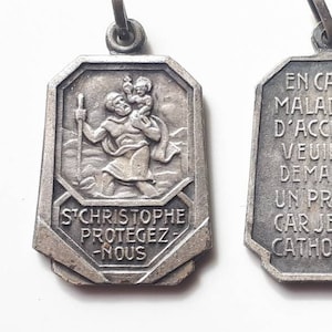 3/4&quot; St Christopher ID Medal: Vintage French Art Deco Octagon--Patron Saint Gift for Traveler/Him/Her--Sancte Christophe Protégez Nous