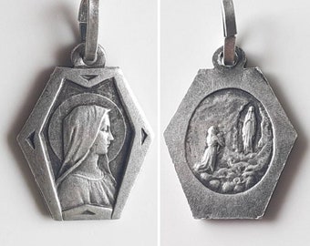 Vintage Art Deco Lourdes Medal w Our Lady's Profile + Saint Bernadette & Grotto: Silver Plate Hexagon Necklace Pendant/Catholic Gift for Her