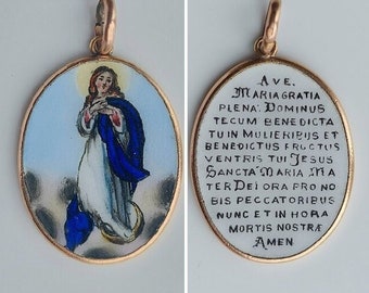 Immaculate Conception + Ave Maria Enamel Pendant--Double Sided w Complete Latin Prayer Text / Vintage Religious Hand-painted Porcelain Medal