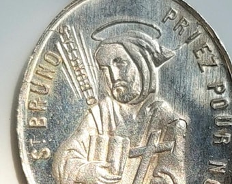 THIN Silver Antique St Bruno Medal with Our Lady of Grace—Carthusian Order Founder/Cologne Patron Saint of Germany Vintage Catholic Pendant
