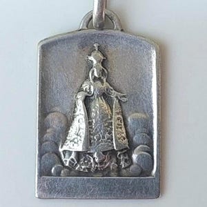 NS del Montserrat Medal—Vintage Nuestra Señora Spanish Catholic Arched Rectangle/Square Pendant Made in Spain—Our Lady/Virgin Mary/Madonna