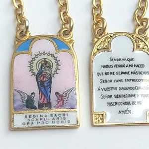 May include: A gold-toned scapular necklace with two rectangular pendants. One pendant features an image of the Virgin Mary and angels, with text in Latin. The other pendant has text in Spanish. The necklace has a delicate chain.