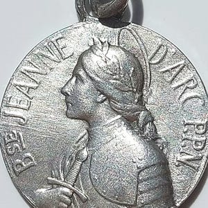 Antique St Joan of Arc Medal—1909 Blessed Patron Saint of France—Braided Hair/Sword/Fleur de Lys/Pennant—Vintage French Catholic Pendant