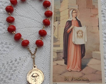 Crown of the Holy Face Chaplet + Antique St. Veronica Prayer Card, Gilded + Lithograph Made in Italy || Red + Gold 14 Bead Novena Rosary