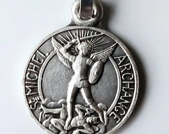 1/2" Vintage St Michael the Archangel Medal: NOS/New Old Stock Patron Saint of Police/Military Round French Catholic Angel Necklace Pendant