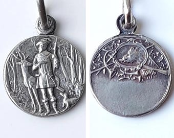 SMALL Antique St Hubert of Liege Medal—Ornate French Catholic Hunters/Hunting Patron Saint w/ Deer + Cross Apparition, Sanglier/Boar Hunt