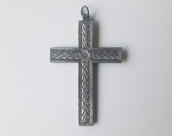 2" Vintage Pewter Dogwood Cross Pendant Chiseled Leaf Design Detail: Grey Matte Classic Floral Catholic Cross Necklace Gift for Him or Her