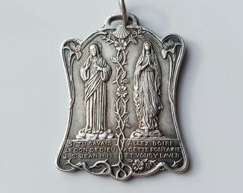 Antique Merciful + Immaculate & Sacred Heart Jesus + Our Lady Medal—Vintage Samaritan Woman/Come Drink at the Well French Catholic Medallion