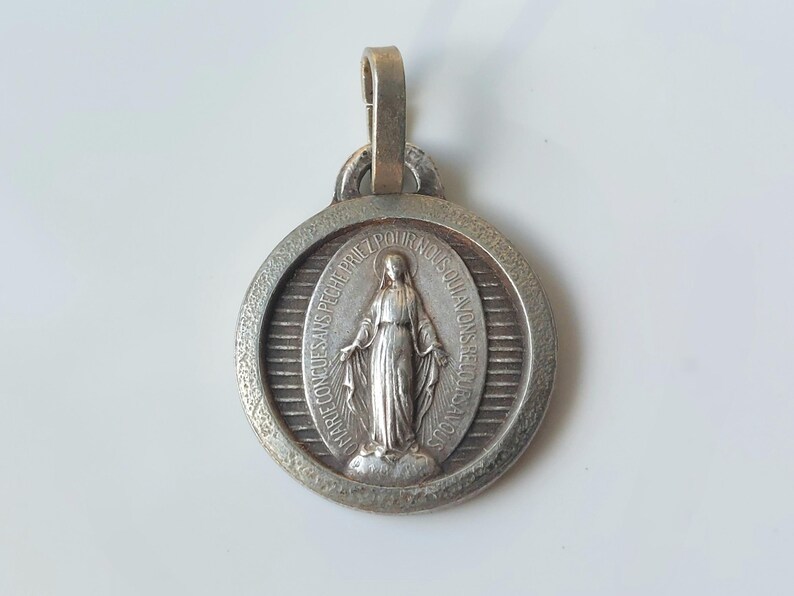 Vintage 1/2" Miraculous Medal Necklace Pendant: Small Round Our Lady of ...
