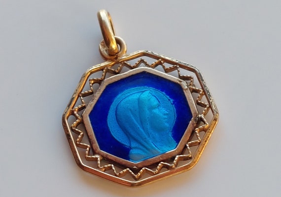 5/8" Gold Plated Lourdes Cutout Medal w Blue Glas… - image 4