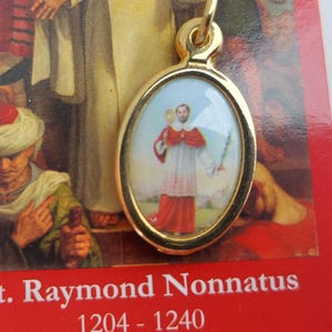 St. Raymond Nonnatus ovale kleurenfotomedaille + set gebedskaart: Catalaanse huurling keizersnede/aanstaande moeder/verloskundige patroonheilige