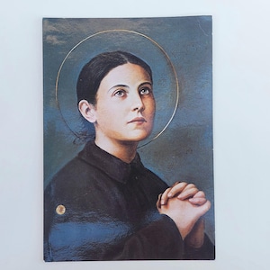 Ansichtkaart St. Gemma Galgani: kaart met relikwie: vintage kleurenfoto + zegel van passionistenklooster: patroonheilige van de communicanten en apothekers