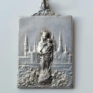 NS del Pilar Medal—Our Lady of the Pillar Apparition--Ornate Vintage Nuestra Señora Spanish Catholic Arched Window Pendant