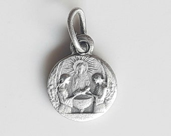 TINY 7mm Baptism Medal w Guardian Angels Holding Child for Baptism by Our Lord: Vintage French Christening Gift for Baby Signed AP Penin