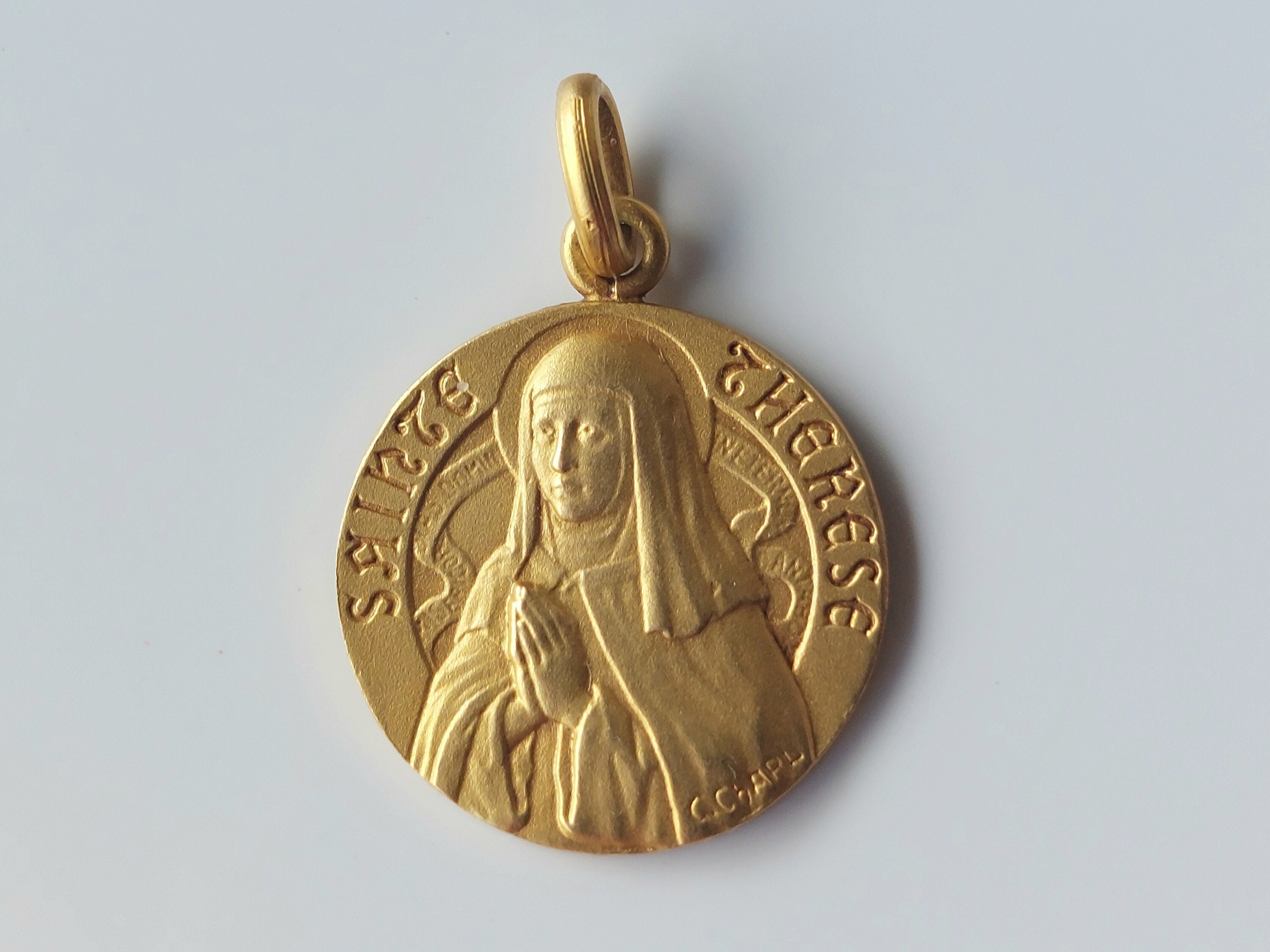Vintage St Teresa of Avila Gold-Plated Medal Signed C Charl--Carmelite Saint + Church Doctor Santa Theresa of Jesus/Jesu Necklace Pendant
