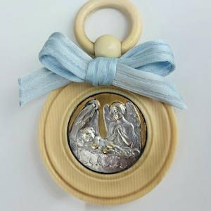 Antike französische Elfenbein Krippe Medaille/Schutzengel Medaillon-Runde Vintage katholische Kinderzimmer Dekor/Wandbehang-Andenken/Dusche-Geschenk für Baby Boy
