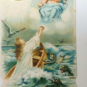 Cartão litográfico antigo de Stella Maris: Maria, Estrela do Mar, impressão litográfica — Menina se afogando e alcançando criaturas/monstros marinhos