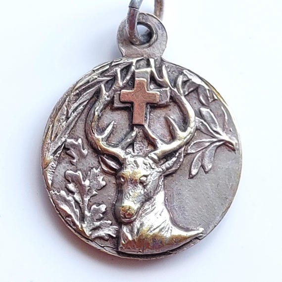 Antique St Hubert of Liege Medal + Saint Christopher Signed Tschudin—Deer Head w/Cross Between Horns Patron of Hunters Pendant Medallion