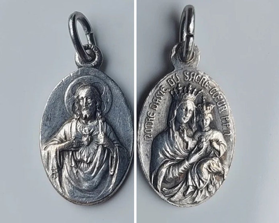 Small Vintage French Scapular Medal W Sacred Heart of Jesus & Our Lady ...