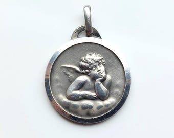 3/4" 800 Silver Cherub Necklace Pendant/Catholic Faith Gift--Shiny Round Border Raphael Sistine Chapel Angel Medal Signed JB Joseph Balme
