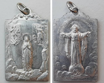 1" Aluminum 4-in-1 Medal: Margaret Mary Alacoque Sacred Heart Prayer/Our Lady of Lourdes Immaculate Conception/Saint Michael/St Joan of Arc