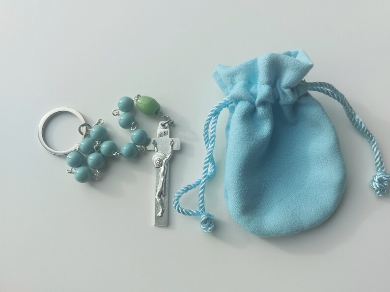 Single Decade Traffic Rosary, Turquoise Green Beads in Irish Penal Style: Silver Keychain Ring for Car/AutoCatholic Prayer Chaplet Gift image 3