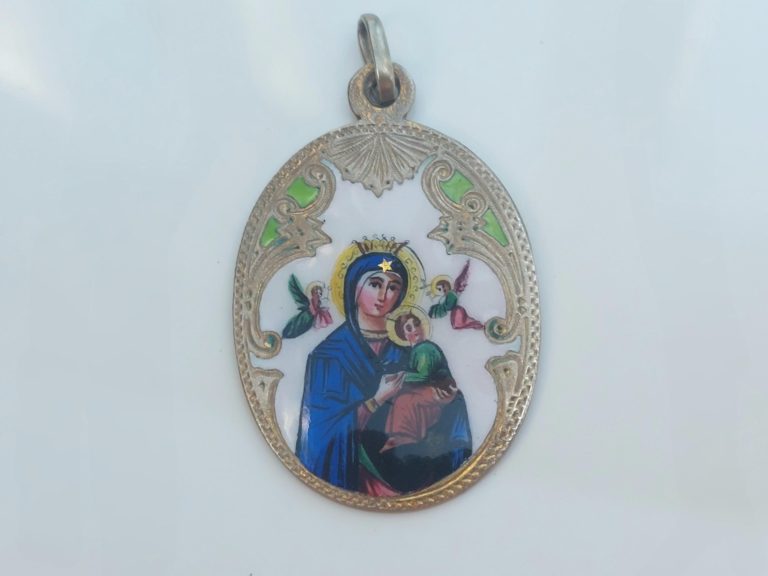 1" Vintage Hand-Painted Enamel + Silver Our Lady of Perpetual Help Necklace Pendant—Oval Virgin Mary/Madonna Catholic Medal + Gold Star