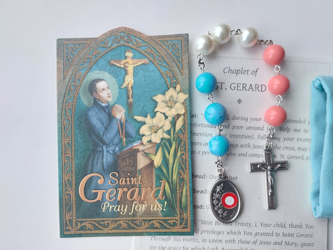 St Gerard Chaplet W Relic Medal, Prayer Card, Pink, Turquoise Blue ...